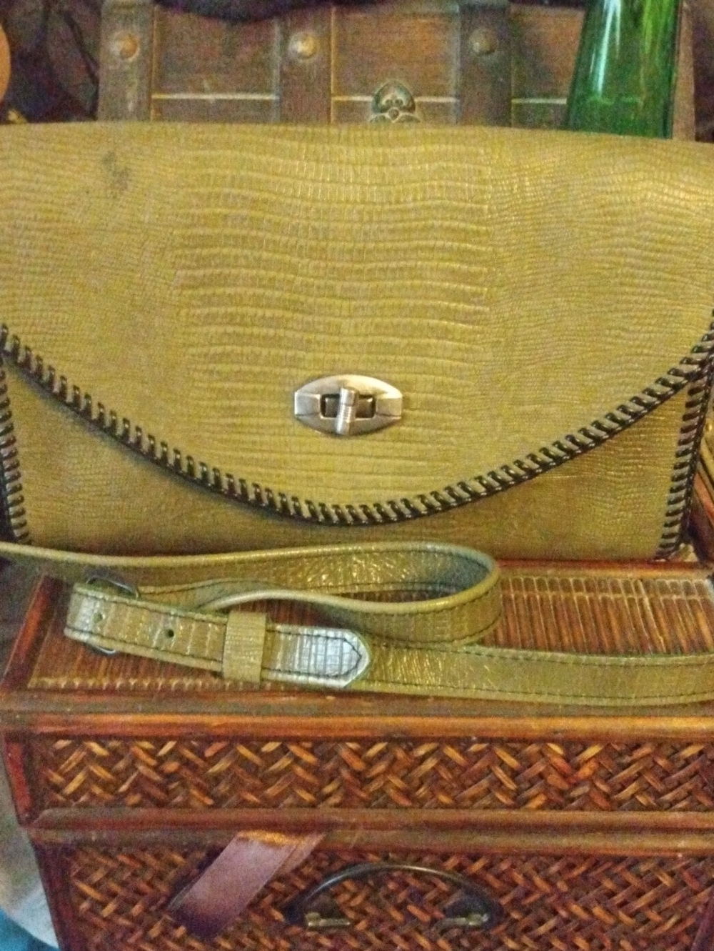 Olive Textured Crossbody Bag with Removable Strap
